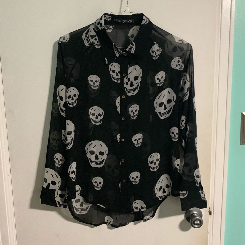 Skull Pattern Black Sheer Button Down Top